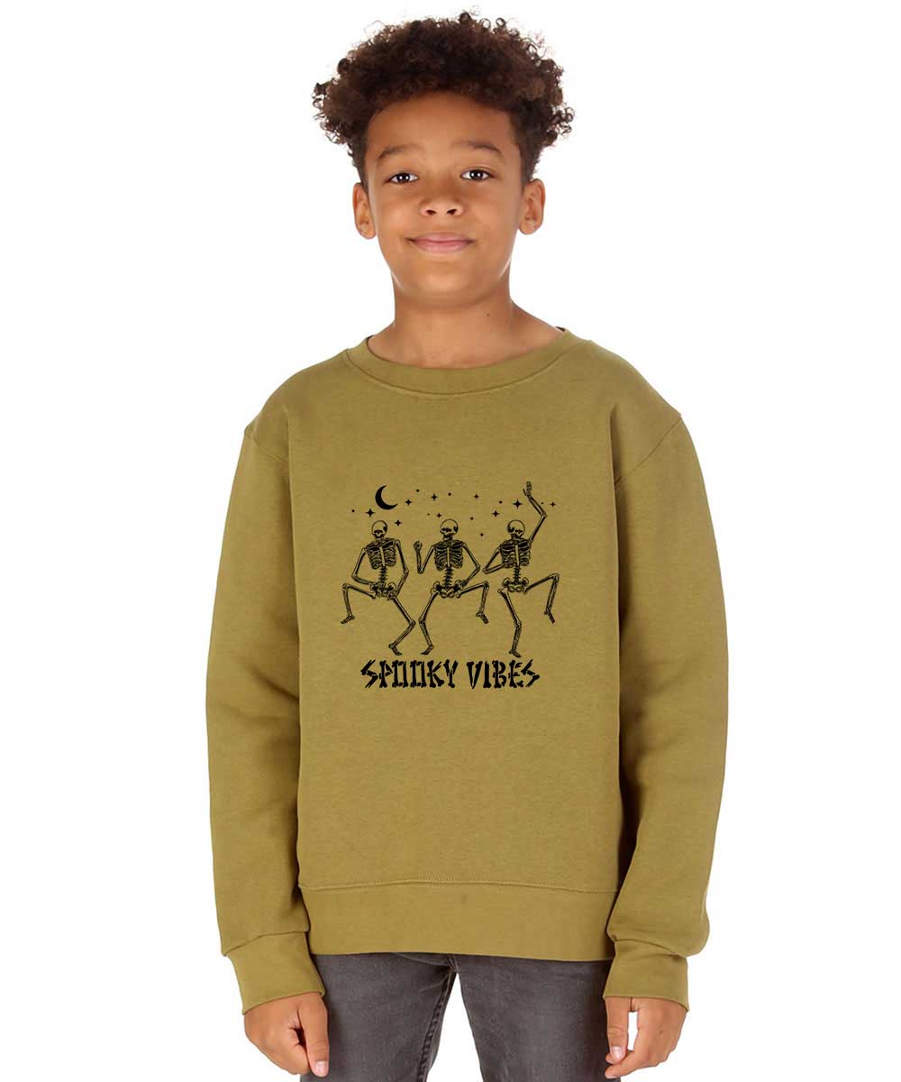 Kids Halloween Scary Dancing Skeleton Olive Green Sweatshirt