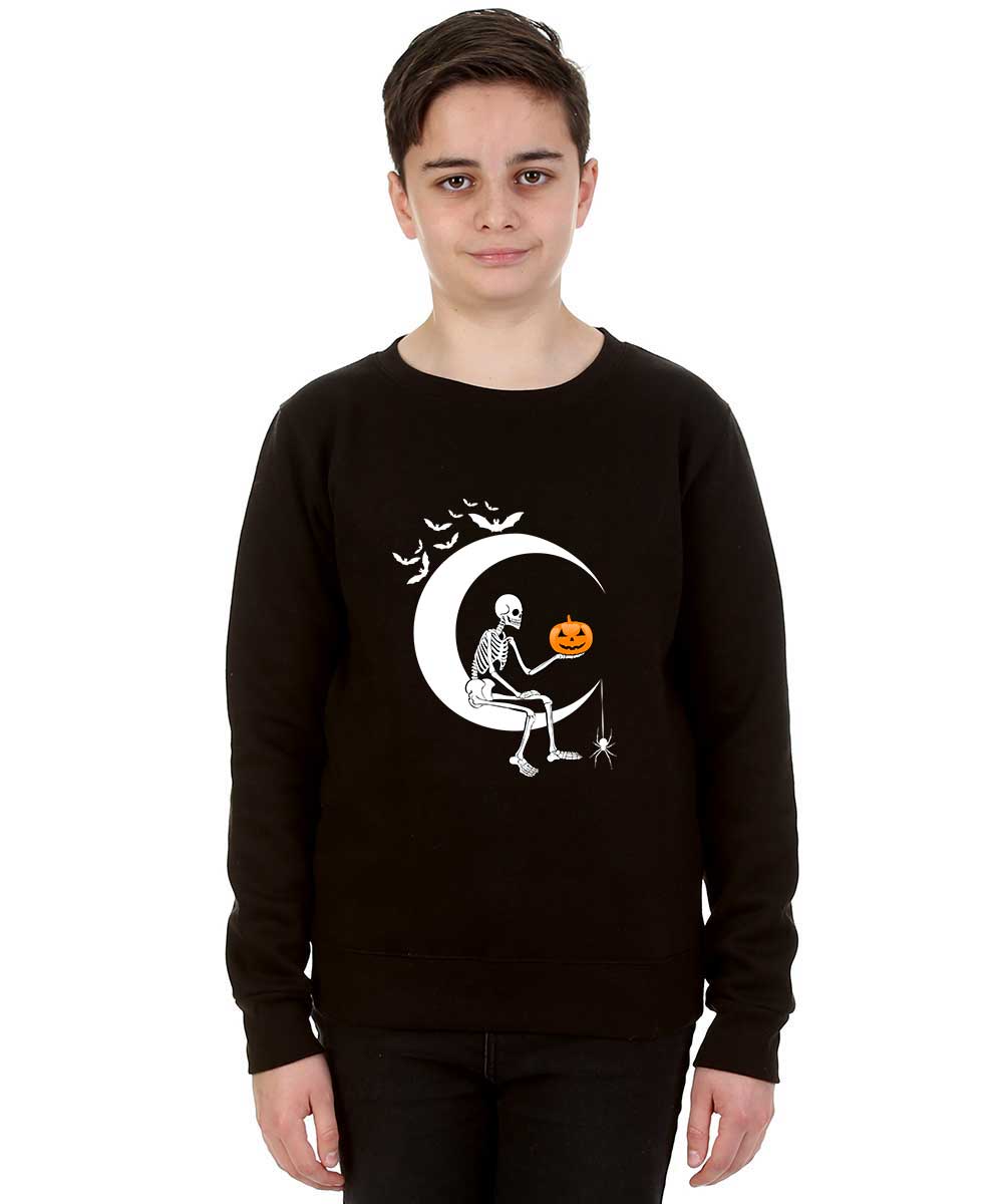 Kids Halloween Skeleton on Moon Black Sweatshirt