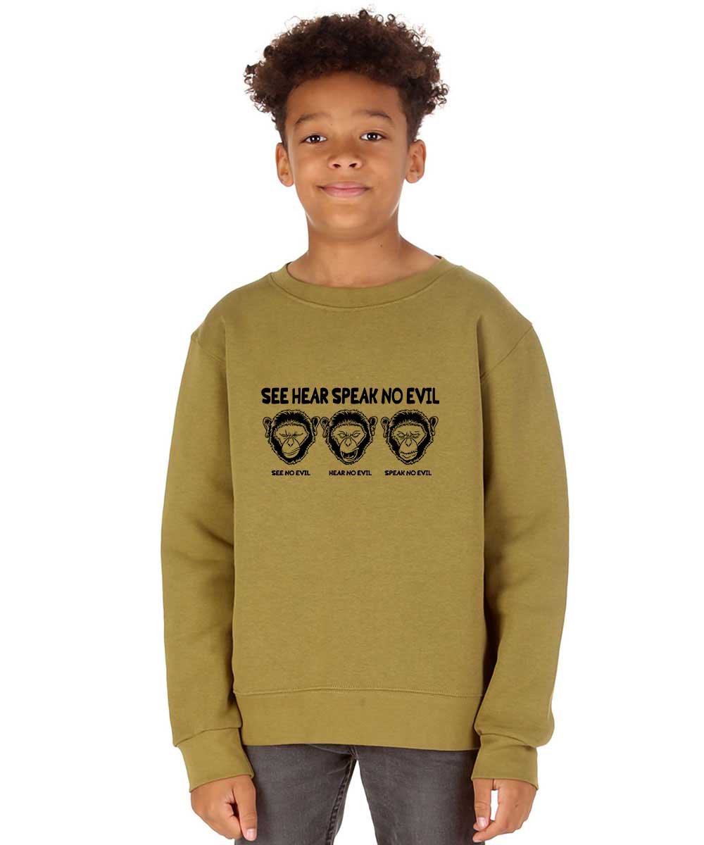 Kids 3 Wise Monkey Print Olive Green Sweatshirt