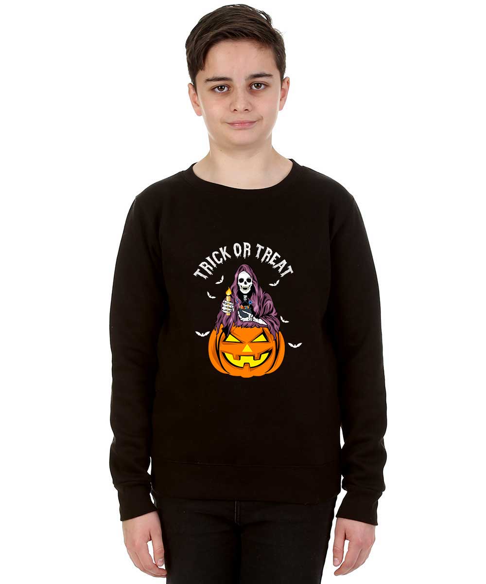 Kids Trick or Treat Scary Skeleton with Pumpkin Black Sweatshirt